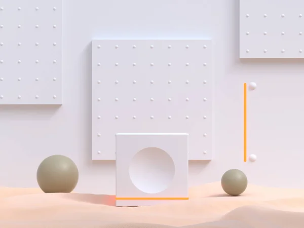 白墙几何现代风格奶油织物地面形状设置空白讲台3D渲染 — 图库照片
