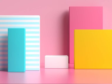 pembe mavi sarı geometrik şekil deseni renkli 3D canlandırma sahnesi
