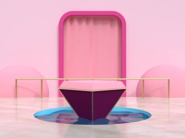 Pembe perde geometrik sahne su havuzu podyumu 3D görüntüleme
