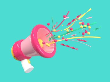 Pembe megafon megafon karikatür stili yeşil arkaplan 3D görüntüleme