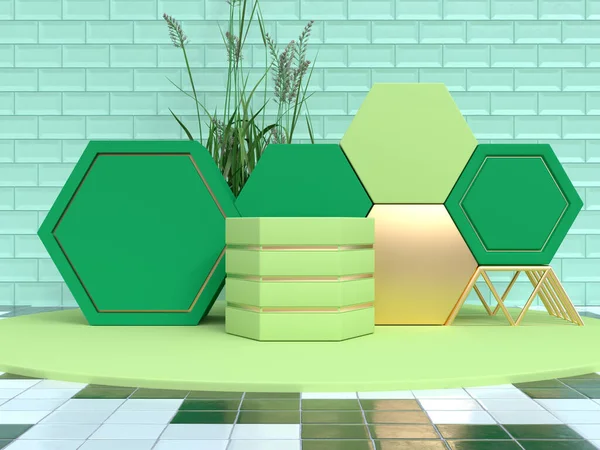 Scena Verde Forma Geometrica Set Podio Rendering — Foto Stock