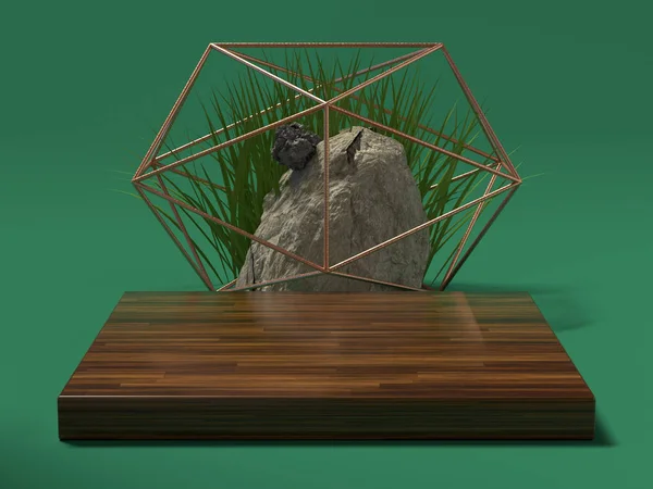 Escena Verde Madera Natural Piedra Configuración Renderizado —  Fotos de Stock