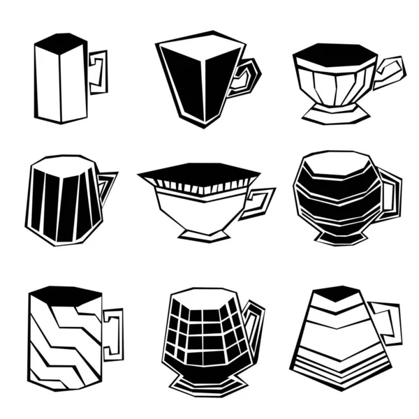 Ensemble de tasses en noir et blanc. vecteur de dessin à la main — Image vectorielle