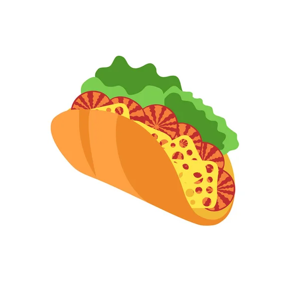 Tacos de comida mexicana con verduras, ensalada, queso y tomates. vector — Vector de stock