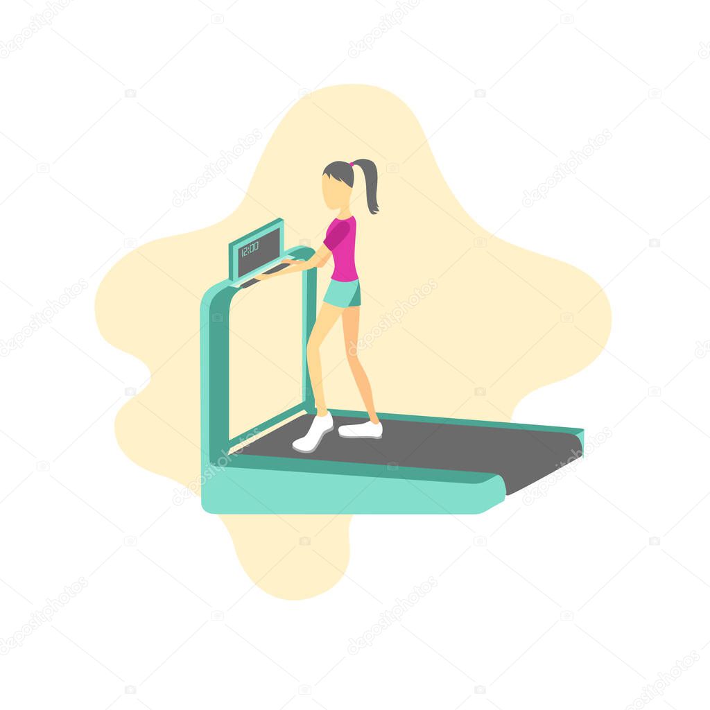 cartoon running treadmill and running girl. vector