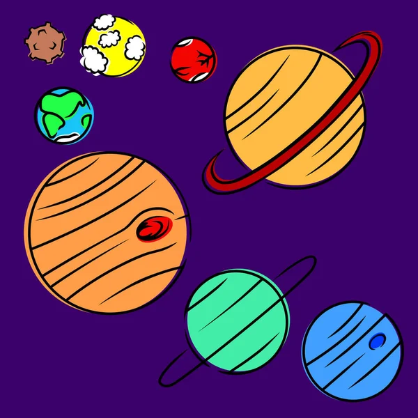 Sada planet sluneční soustavy v kresleném stylu. mrtvice je uzavřená. vektor. — Stockový vektor