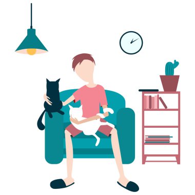 İki kedisi olan bir sandalyedeki konsept adam. vektör