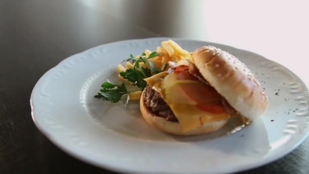 Burger et frites sur une assiette blanche.Apport calorique.Manger avec frénésie. Aliments malsains.Aliments riches en énergie. — Video