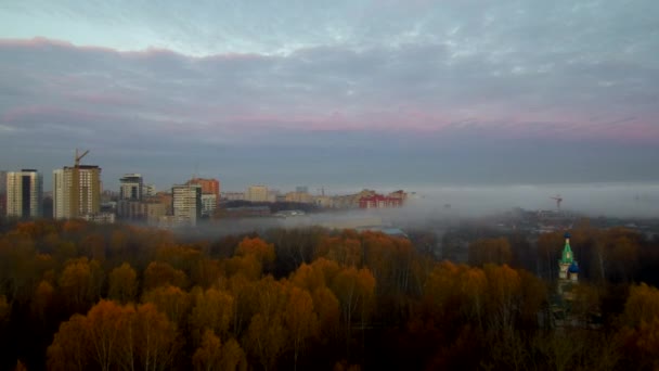 Hermosa niebla sobre ciudad y bosque otoñal . — Vídeos de Stock