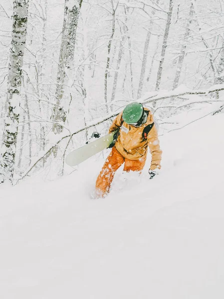 Snowboard adam ormanda yürüyor — Stok fotoğraf