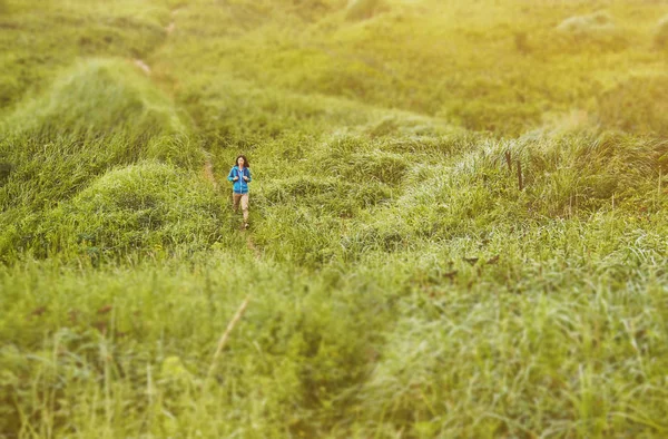 Wandelen in de zomer, tilt-shift effect vrouw — Stockfoto