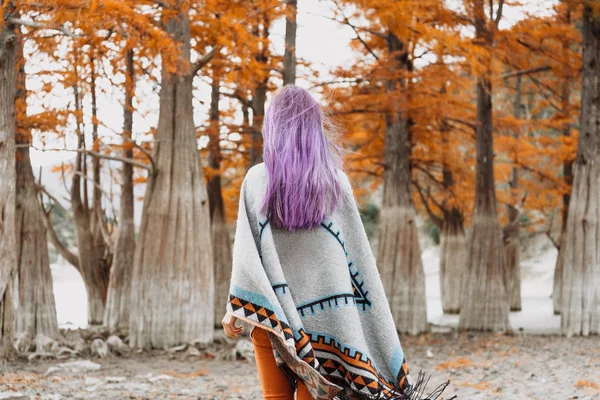 Jovem mulher andando no parque de outono. — Fotografia de Stock