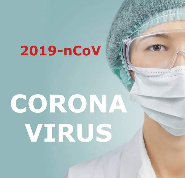 Young woman scientist or doctor in a cap, glasses and protective mask with inscription 2019-nCov. Coronavirus - epidemic respiratory virus.