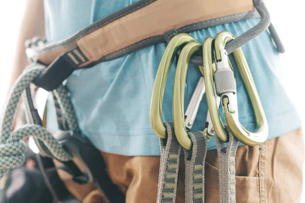 Close Quickdraws Carabiner Climbing Safety Harness — Stock Photo, Image