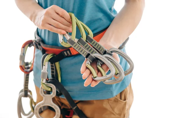 Unrecognizable Woman Climber Safety Harness Mountaineering Equipment Holding Set Quickdraws — Stock Photo, Image