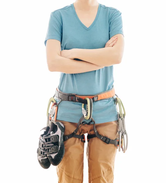 Unrecognizable Sporty Woman Safety Harness Climbing Equipment Shoes Standing White — Stock Photo, Image