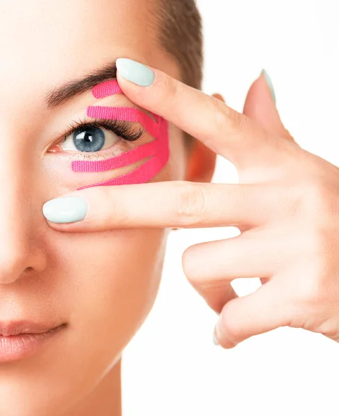 Half Face Portrait Smiling Beautiful Young Woman Kinesiology Tapes Eyelid — Stock Photo, Image