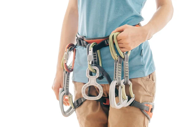 Unrecognizable Woman Safety Harness Climbing Equipment Holding Quickdraws White Background — Stock Photo, Image