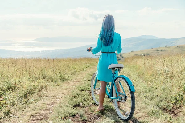 Girl Blue Hair Wearing Dress Standing Bicycle Country Road Green — Stock Photo, Image