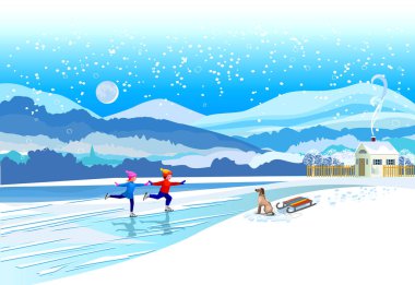 Buz pateni oğlan ve kız. Vektör kış manzara.