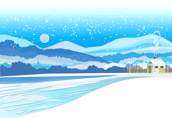 Διάνυσμα της χειμερινό τοπίο. Χιονισμένο χριστουγεννιάτικο χωριό βράδυ — Διανυσματικό Αρχείο