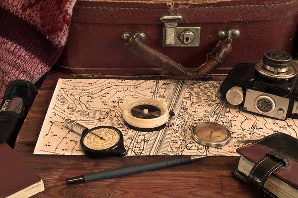 Map compass and travel items — Stock Photo, Image