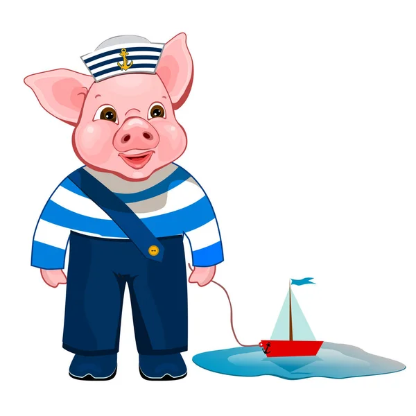 Маленькая свинья с игрушечным кораблем — стоковый вектор