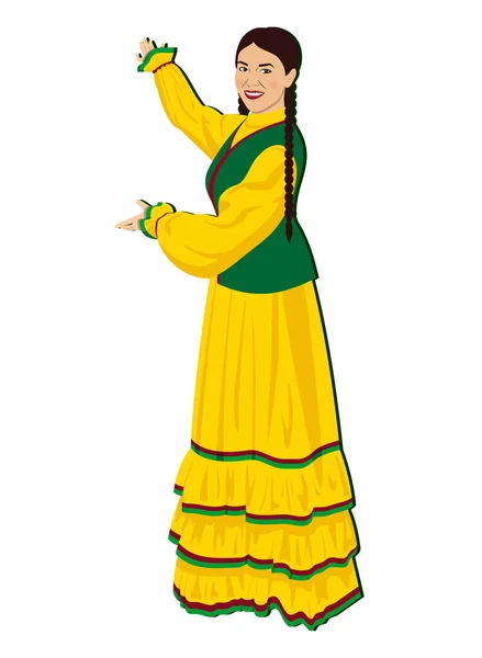 休日Sabantuyでバシュキルの女の子 民族衣装を着た美しい少女が彼女の手を背景に向けます 明るい黄色のドレスを着た笑顔の女性 — ストックベクタ