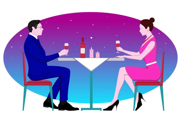 Paio Appuntamento Ristorante Compagni Cena Ambientazione Romantica Contro Cielo Notturno — Vettoriale Stock