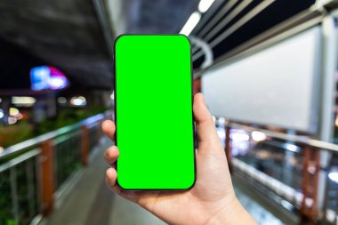 Boş yeşil ekran bulanıklaştırıcılı akıllı telefon kullanan kadın