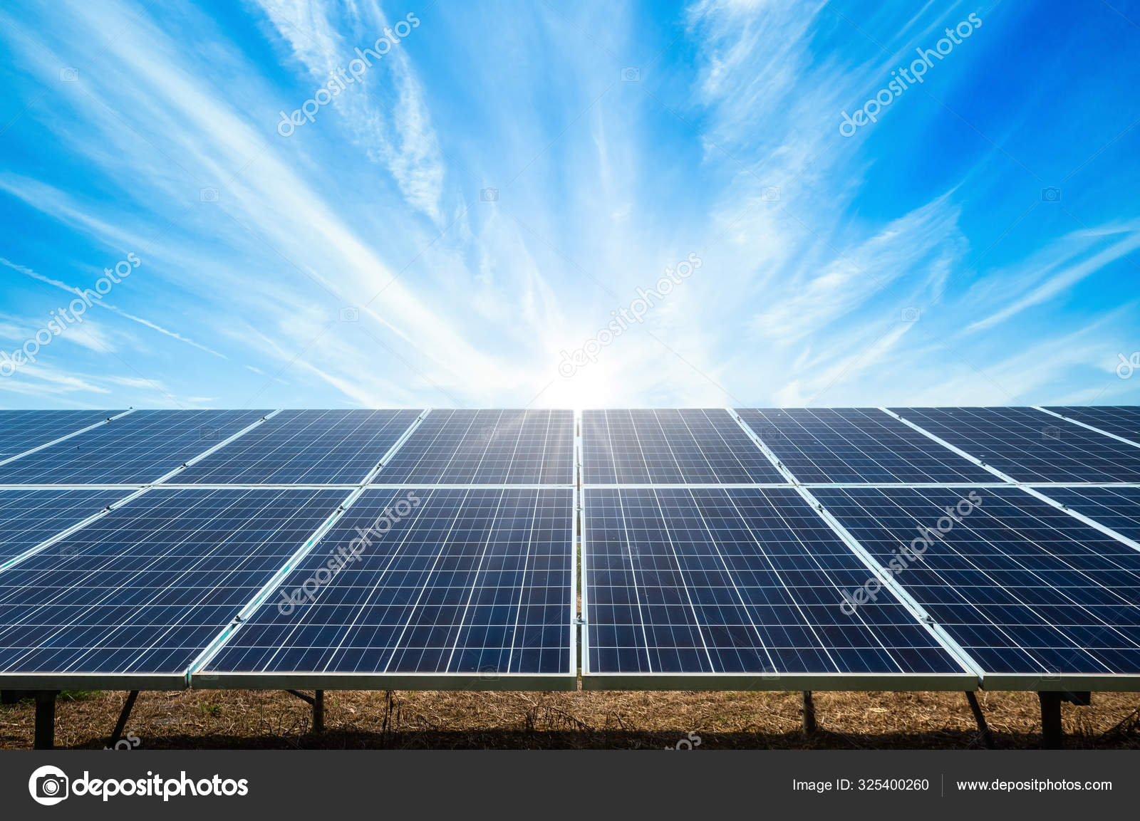 Power solar panel on blue sky background, alternative clean