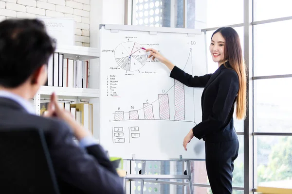 Businessman and businesswoman boss Two partners presenting new p — Stock Photo, Image