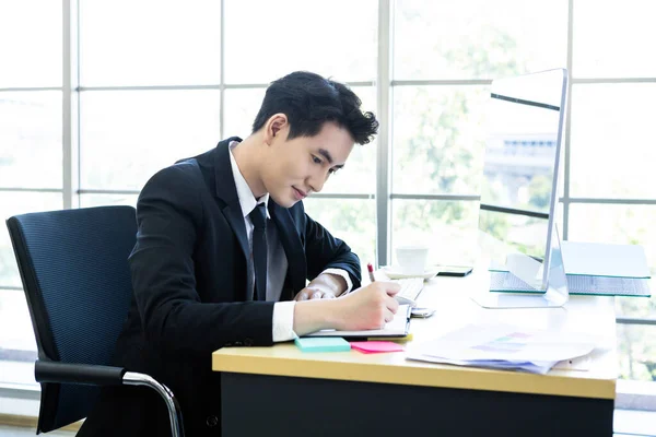 Happy Mood Cheerful Asian Young Businessman Have Ideas Make Note — Stock Photo, Image