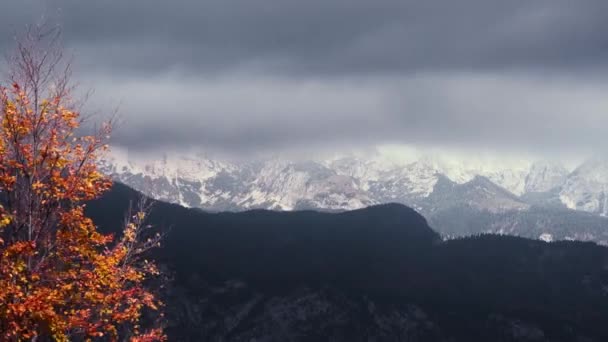 雪の上に浮かんで雲の時間経過帽をかぶった山々 Julianアルプス — ストック動画