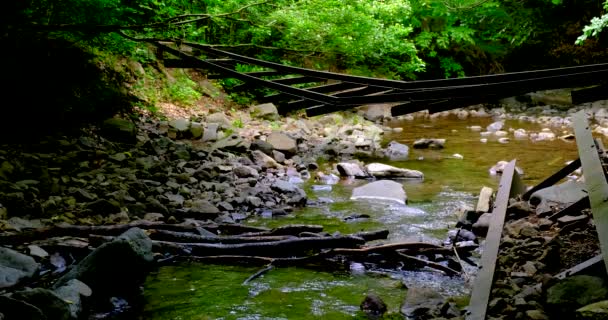 Abandoned railway track above the stream of Csarna — Stock Video