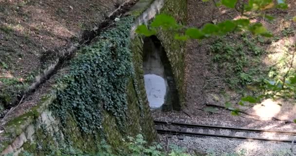 UDAPEST, HUNGARY - SEPT.28.2019: A steam train chugs through a tunnel in a mountainside — Stock Video