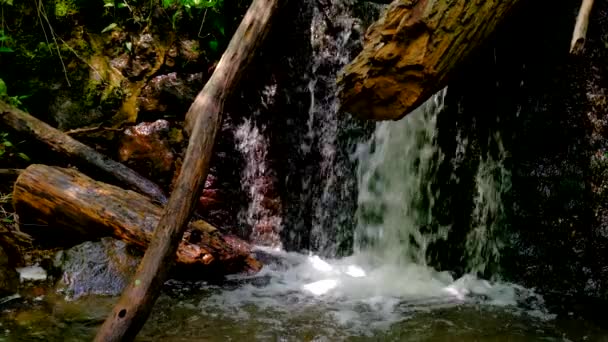 Zbliżenie wodospadu splash, woda źródlana jak spada i drybluje na skałach pokryte — Wideo stockowe