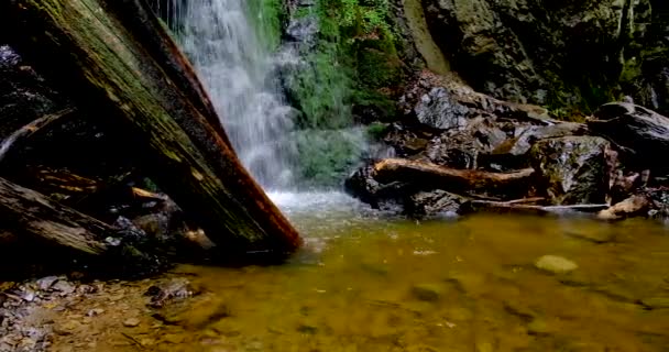 Respingo cachoeira, água de nascente como ele cai e dribla em rochas cobertas-lenta panning vídeo — Vídeo de Stock