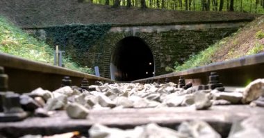 BUDAPEST, HUNGARY - Şubat 19.2020: Bir dizel tren dağ yamacındaki bir tünelden geçiyor