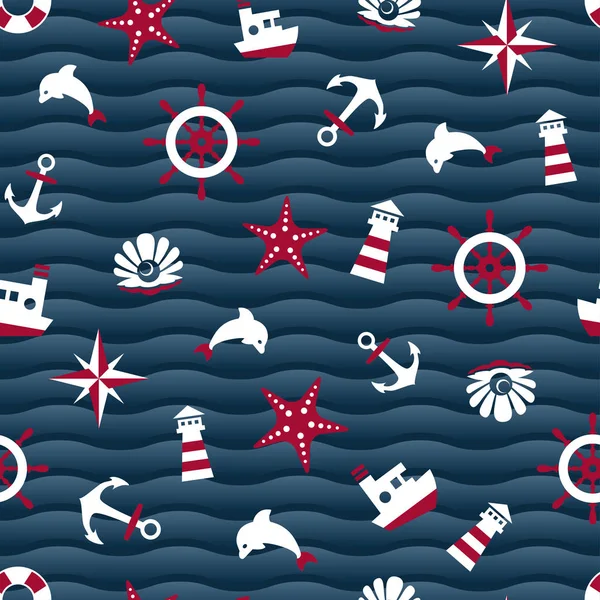 Symboles de la mer sur fond bleu ondulé — Image vectorielle