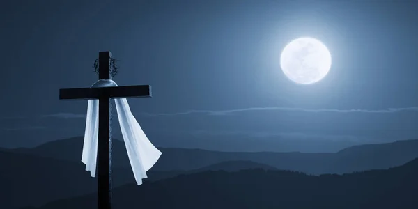 Moonlit Easter Morning Concepto de Cruz Cristiana Jesús Resucitado en la Noche — Foto de Stock