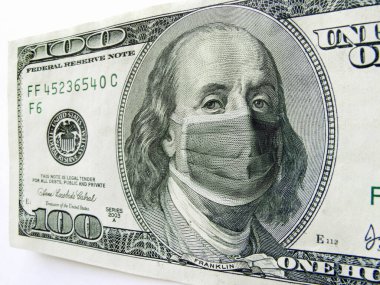 This photo illustration of Ben Franklin wearing a healthcare surgical mask on a one hundred dollar bill illustrates the Coronavirus, the protection of wearing a mask during international travel, and economic costs affecting business, transportation,  clipart