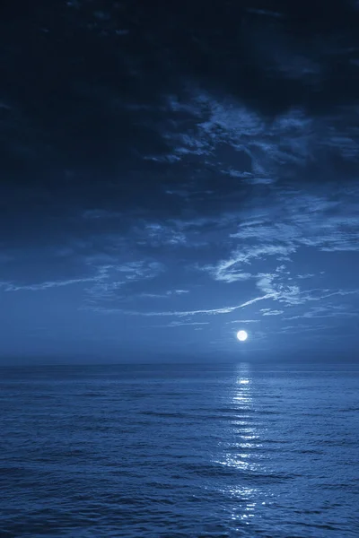 波の穏やかな夜の深い青い月明かりの海のこの写真のイラストは 夜の海や海の美しさを強調し 任意の沿岸地域や休暇のための素晴らしい旅行の背景になります ストック画像