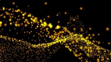 Altın bokeh grafikleri, derinlik ve bokeh ile parlayan parçacıkların 3 boyutlu bilim kurgu arkaplanı. Çizgi ve kare parçacıklar, siyah arkaplan üzerinde sarı altın yüzey