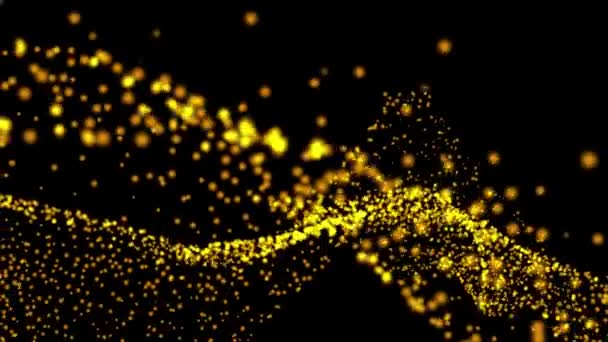 Gold-Bokeh-Grafiken, 3D-Science-Fiction-Hintergründe glühender Teilchen mit tiefer Tiefe und Bokeh. Linie und quadratische Partikel, Gelbgoldoberfläche auf schwarzem Hintergrund — Stockvideo