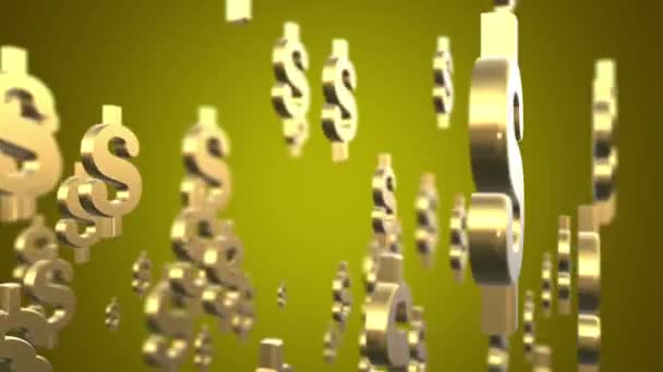 Moedas de dólar 3D com símbolos de ouro $em um fundo verde, USD, símbolo de prata, movimento de loop sem costura — Vídeo de Stock