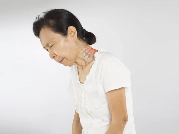 亚洲老妇人感到脖子骨头疼痛 — 图库照片