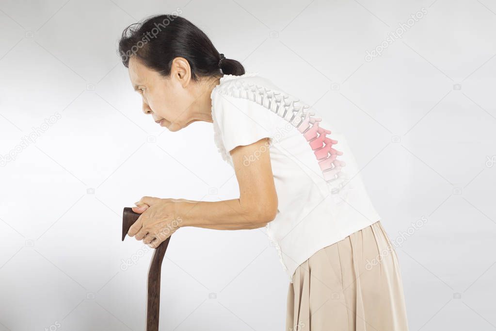 old asian woman stand feel spine bones pain
