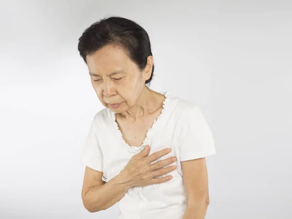Idade Asiático Mulher Sentir Peito Dor Redor Coração Porque Cardiologia — Fotografia de Stock