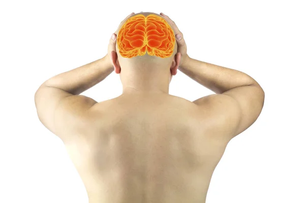 Aziatische Man Touch Hoofd Hoofdpijn Migraine Röntgen Hersenen Voelen — Stockfoto